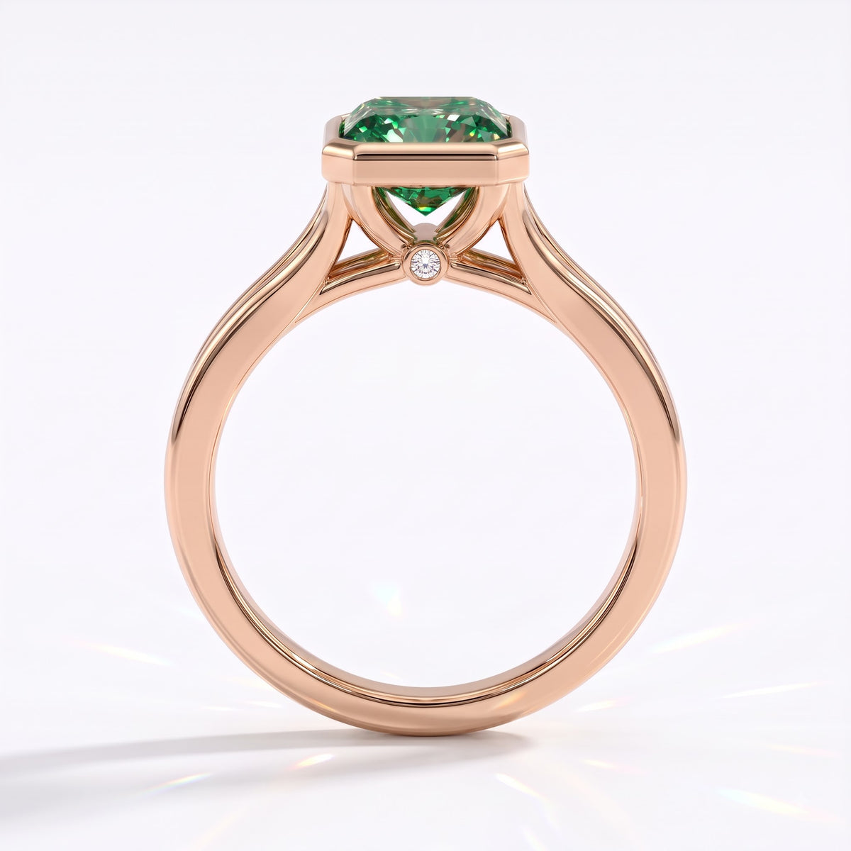 Fancy Vivid Green radiant lab-grown diamond bezel ring in 18K (750) rose gold, front view 