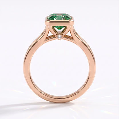 Fancy Vivid Green radiant lab-grown diamond bezel ring in 18K (750) rose gold, front view 