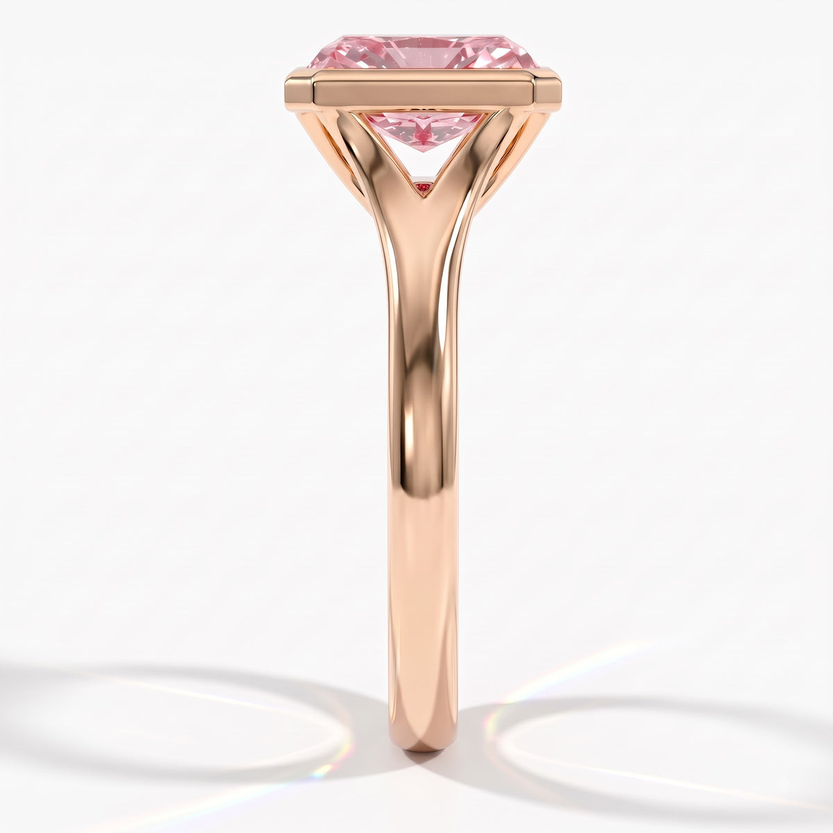 Fancy Vivid Pink radiant lab-grown diamond bezel ring in 14K (585) rose gold, side profile 