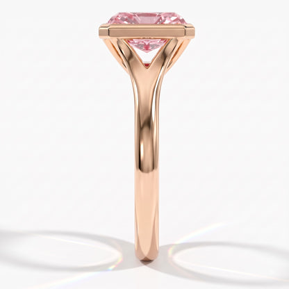 Fancy Vivid Pink radiant lab-grown diamond bezel ring in 14K (585) rose gold, side profile 