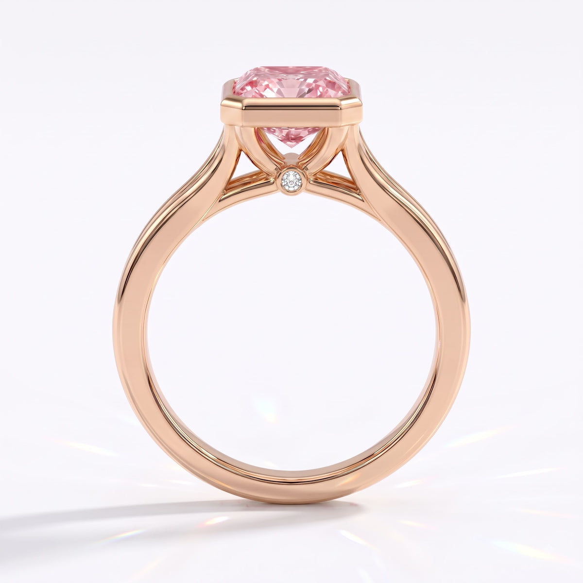 Fancy Vivid Pink radiant lab-grown diamond bezel ring in 14K (585) rose gold, front view 