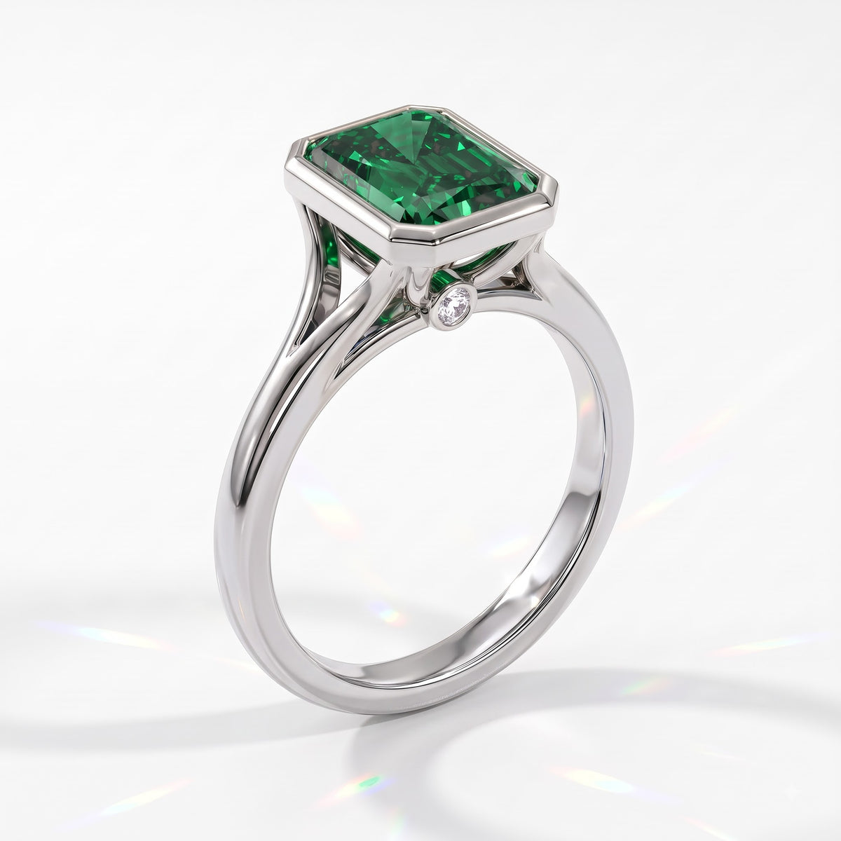 Fancy Vivid Green radiant lab-grown diamond bezel ring in 14K (585) white gold, side profile 