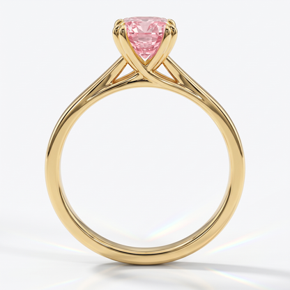Fancy Vivid Pink cushion lab-grown diamond split shank ring in 14K (585) yellow gold, front view 