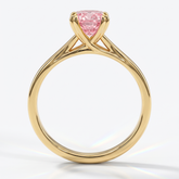 Fancy Vivid Pink cushion lab-grown diamond split shank ring in 18K (750) yellow gold, front view 