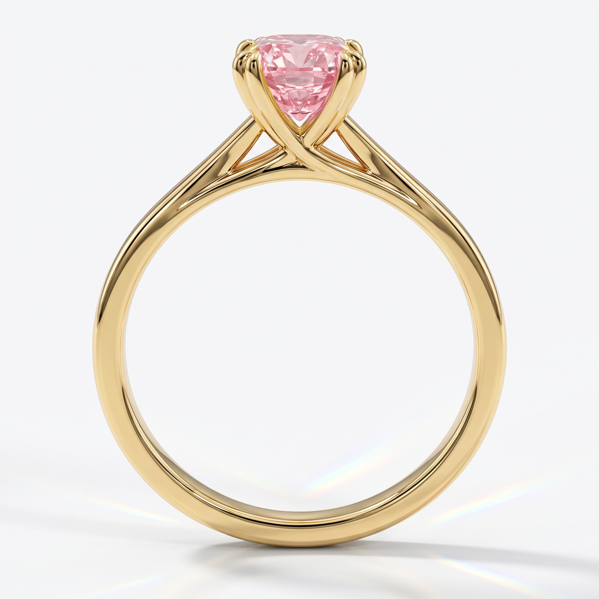 Fancy Vivid Pink cushion lab-grown diamond split shank ring in 18K (750) yellow gold, front view 