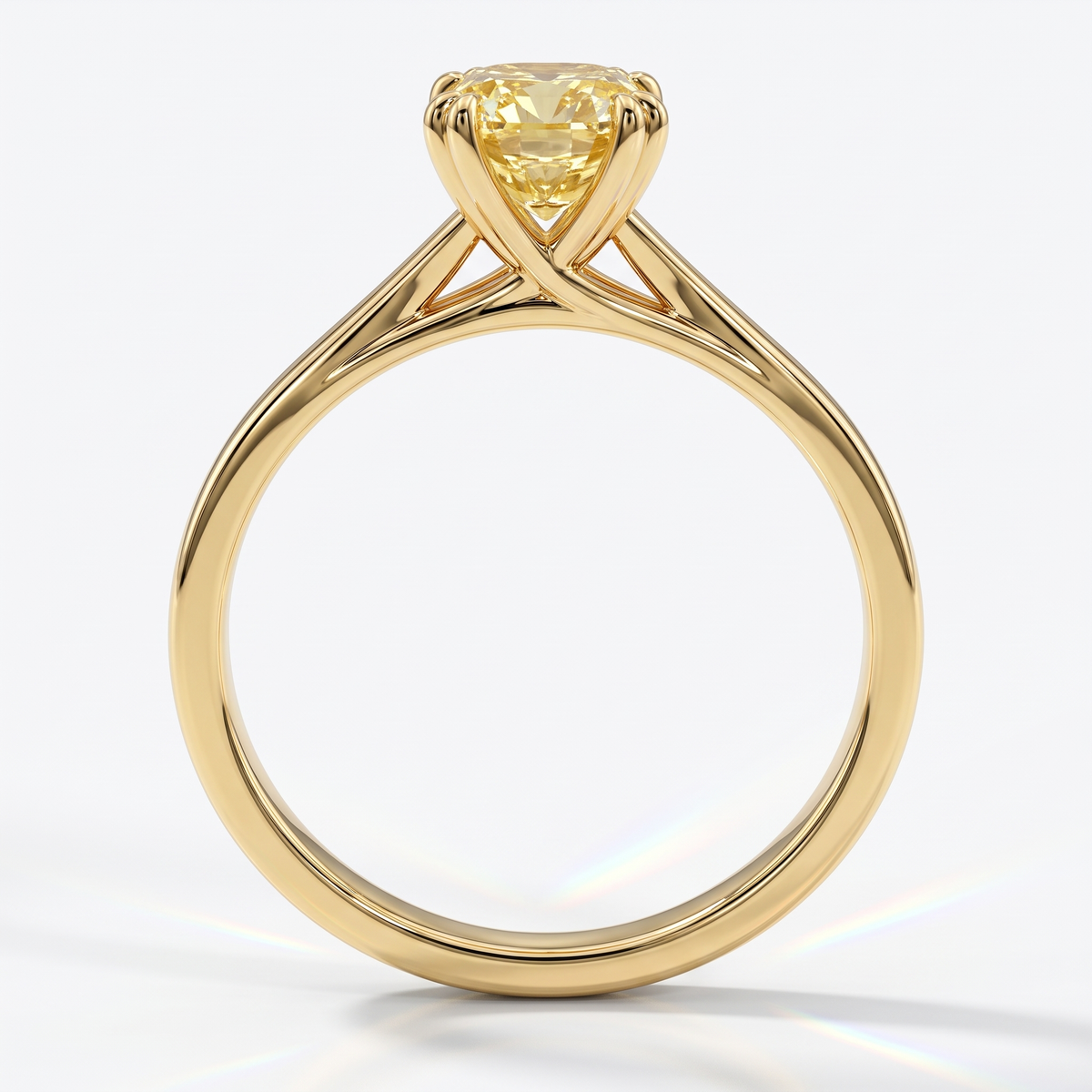 Fancy Vivid Yellow cushion lab-grown diamond split shank ring in 18K (750) yellow gold, front view 