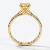 Fancy Vivid Yellow cushion lab-grown diamond split shank ring in 18K (750) yellow gold, front view 