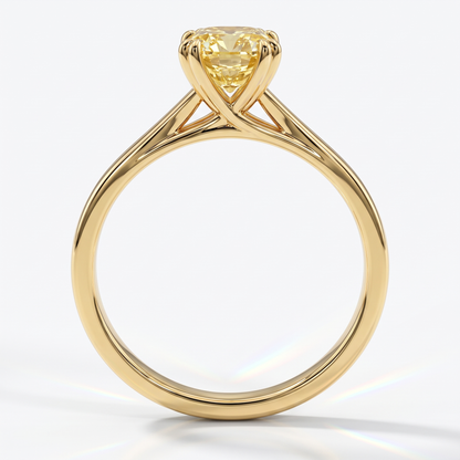 Fancy Vivid Yellow cushion lab-grown diamond split shank ring in 18K (750) yellow gold, front view 