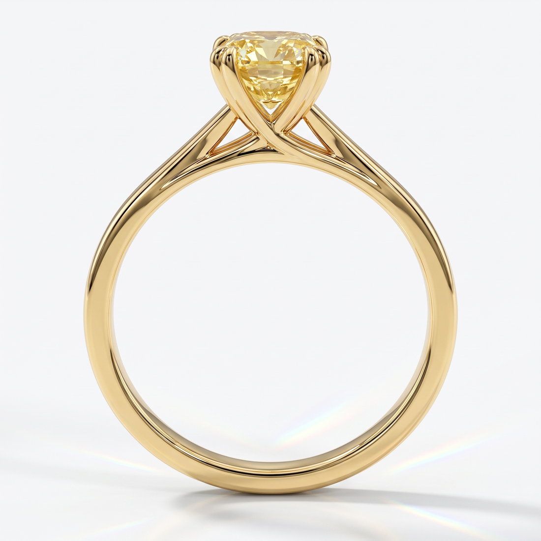 Fancy Vivid Yellow cushion lab-grown diamond split shank ring in 14K (585) yellow gold, front view 
