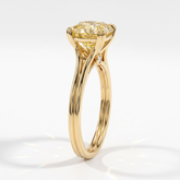 Fancy Vivid Yellow cushion lab-grown diamond split shank ring in 18K (750) yellow gold, side profile 