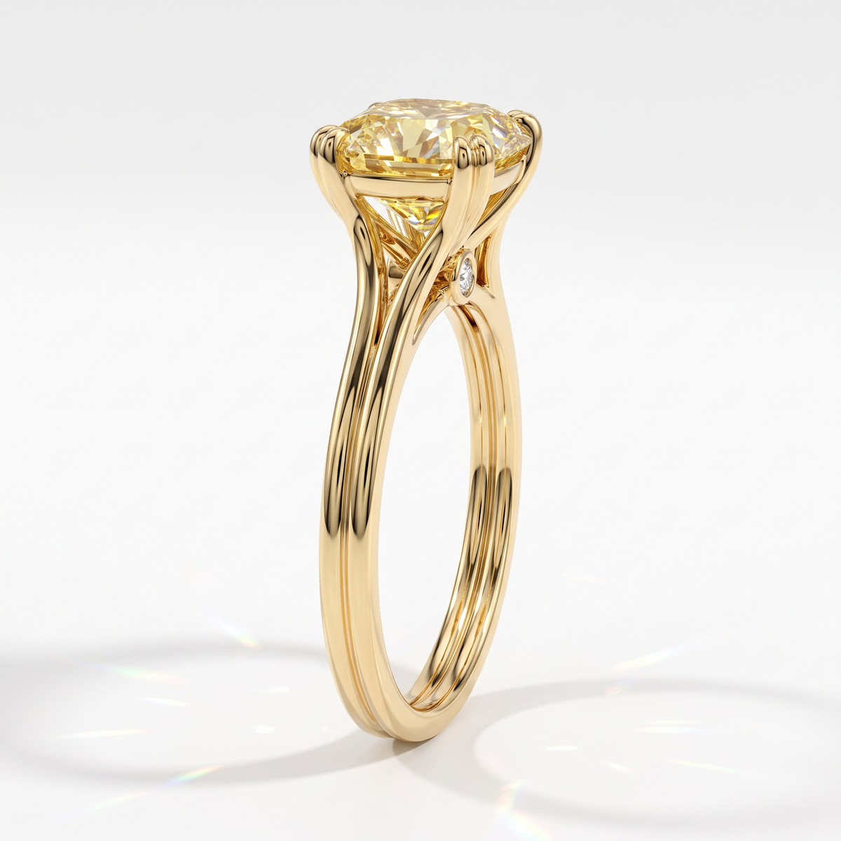 Fancy Vivid Yellow cushion lab-grown diamond split shank ring in 18K (750) yellow gold, side profile 