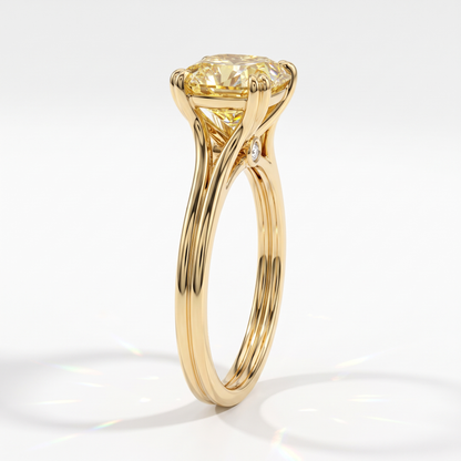 Fancy Vivid Yellow cushion lab-grown diamond split shank ring in 18K (750) yellow gold, side profile 
