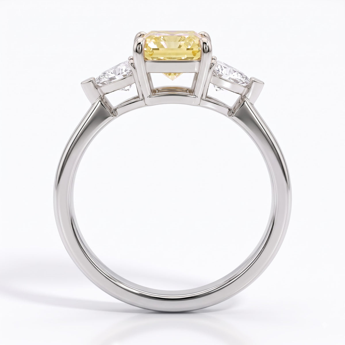 Fancy Vivid Yellow radiant lab-grown diamond three-stone ring with trillion side diamonds in 14K (585) white gold, front view 