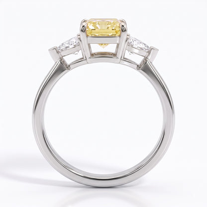 Fancy Vivid Yellow radiant lab-grown diamond three-stone ring with trillion side diamonds in 14K (585) white gold, front view 