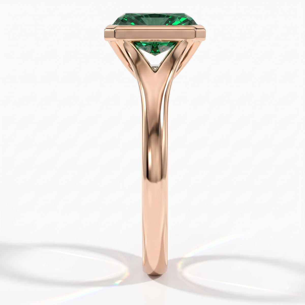 Fancy Vivid Green radiant lab-grown diamond bezel ring in 14K (585) rose gold, side profile 