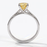Fancy Vivid Yellow cushion lab-grown diamond split shank ring in 18K (750) white gold, front view 