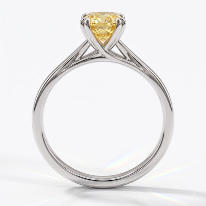 Fancy Vivid Yellow cushion lab-grown diamond split shank ring in 18K (750) white gold, front view 