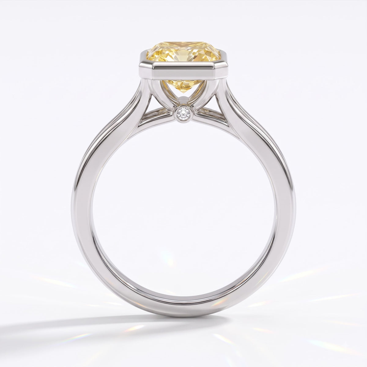 Fancy Vivid Yellow radiant lab-grown diamond bezel ring in 18K (750) white gold, front view 