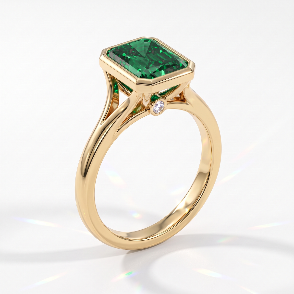 Fancy Vivid Green radiant lab-grown diamond bezel ring in 14K (585) yellow gold, angled view 