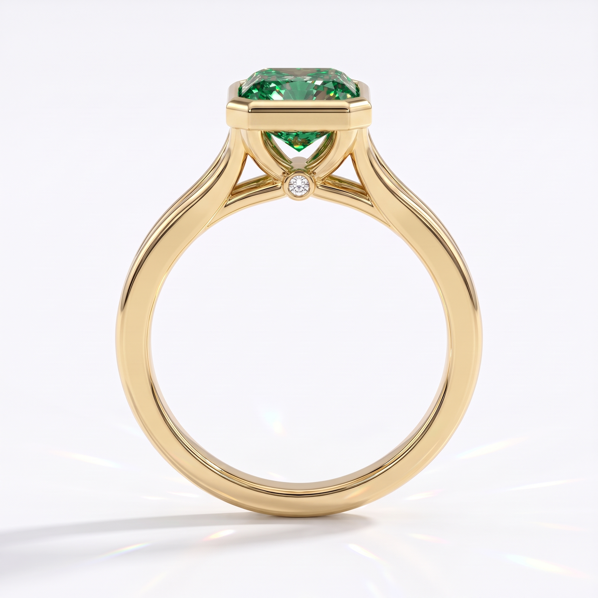 Fancy Vivid Green radiant lab-grown diamond bezel ring in 14K (585) yellow gold, front view 