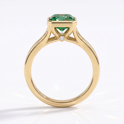 Fancy Vivid Green radiant lab-grown diamond bezel ring in 14K (585) yellow gold, front view 