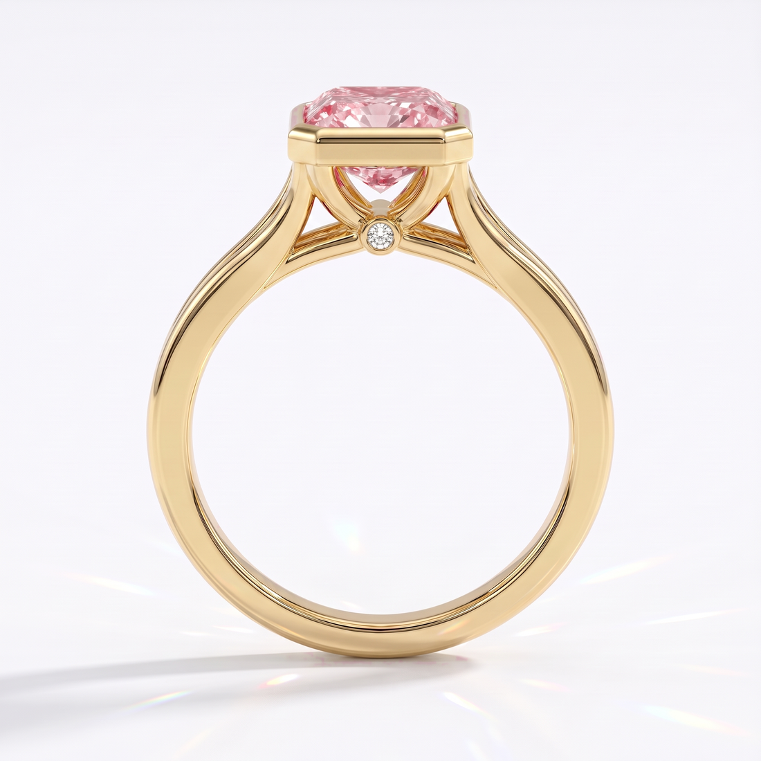 Fancy Vivid Pink radiant lab-grown diamond bezel ring in 14K (585) yellow gold, front view 