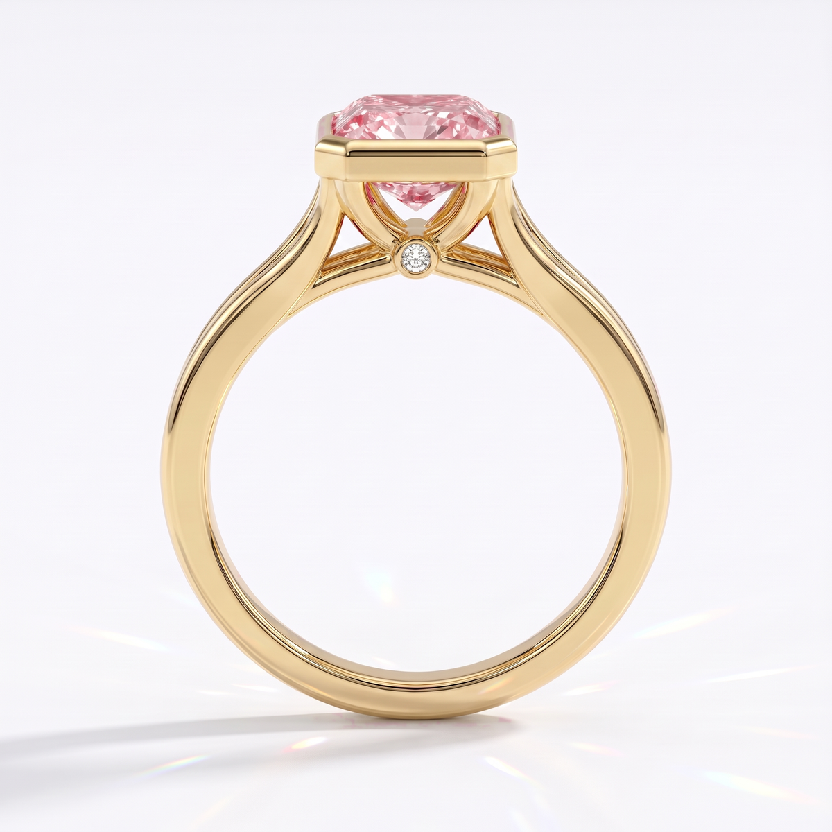 Fancy Vivid Pink radiant lab-grown diamond bezel ring in 14K (585) yellow gold, front view 