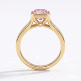 Fancy Vivid Pink radiant lab-grown diamond bezel ring in 18K (750) yellow gold, front view 