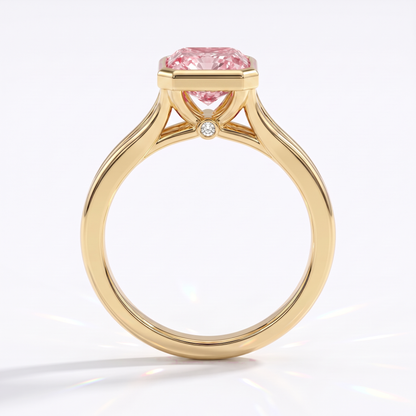 Fancy Vivid Pink radiant lab-grown diamond bezel ring in 18K (750) yellow gold, front view 