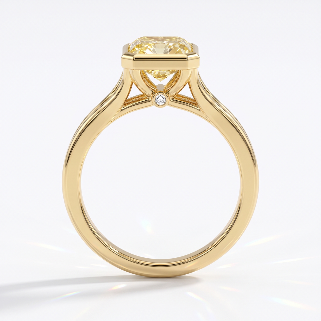 Fancy Vivid Yellow radiant lab-grown diamond bezel ring in 14K (585) yellow gold, front view 