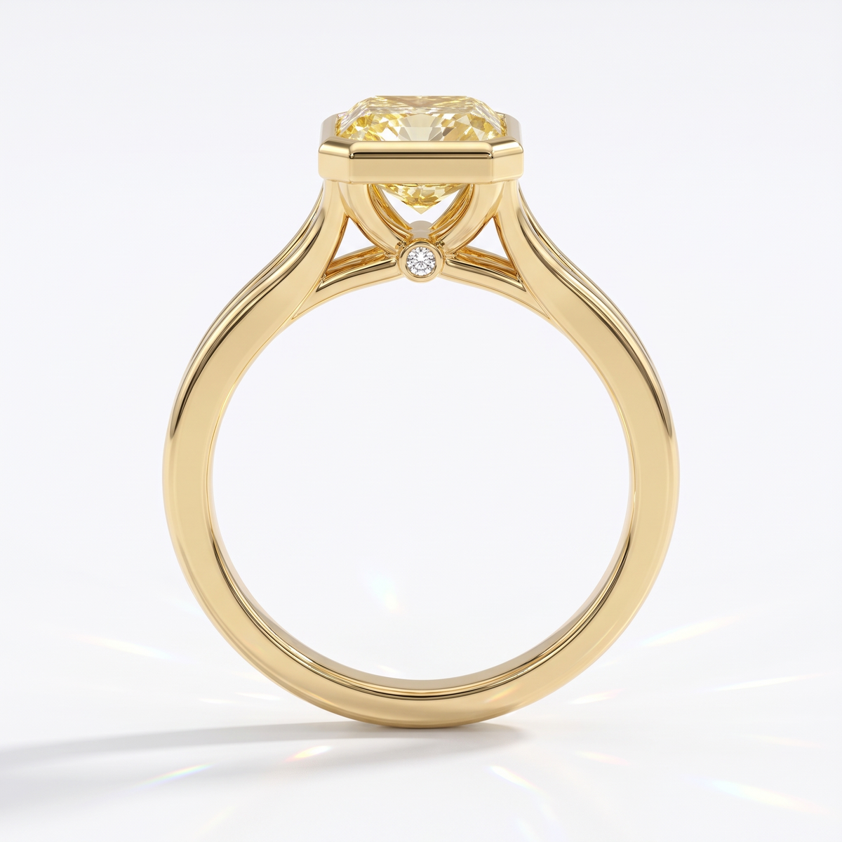 Fancy Vivid Yellow radiant lab-grown diamond bezel ring in 14K (585) yellow gold, front view 