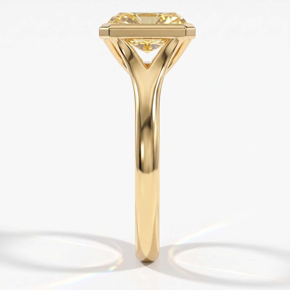 Fancy Vivid Yellow radiant lab-grown diamond bezel ring in 14K (585) yellow gold, side profile 