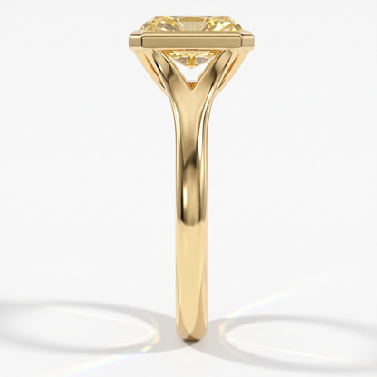 Fancy Vivid Yellow radiant lab-grown diamond bezel ring in 14K (585) yellow gold, side profile 