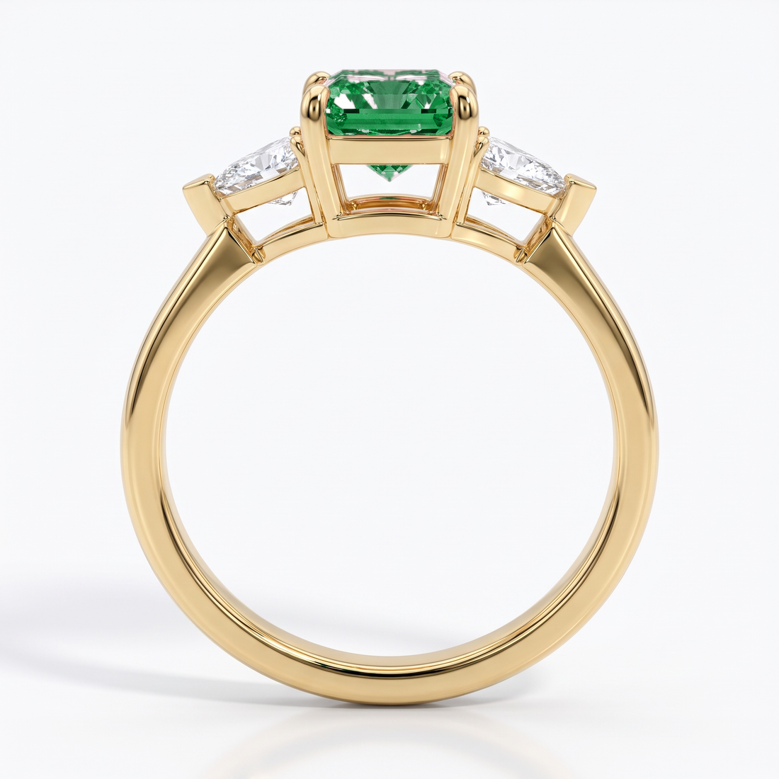 Fancy Vivid Green radiant lab-grown diamond three-stone ring with trillion side diamonds in 14K (585) yellow gold, front view 