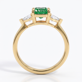 Fancy Vivid Green radiant lab-grown diamond three-stone ring with trillion side diamonds in 14K (585) yellow gold, front view 
