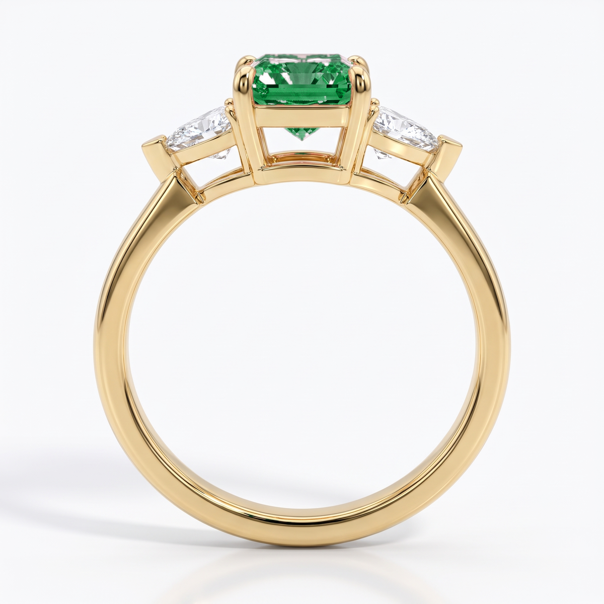 Fancy Vivid Green radiant lab-grown diamond three-stone ring with trillion side diamonds in 14K (585) yellow gold, front view 