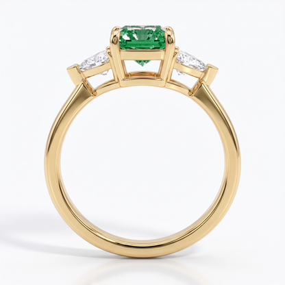 Fancy Vivid Green radiant lab-grown diamond three-stone ring with trillion side diamonds in 14K (585) yellow gold, front view 