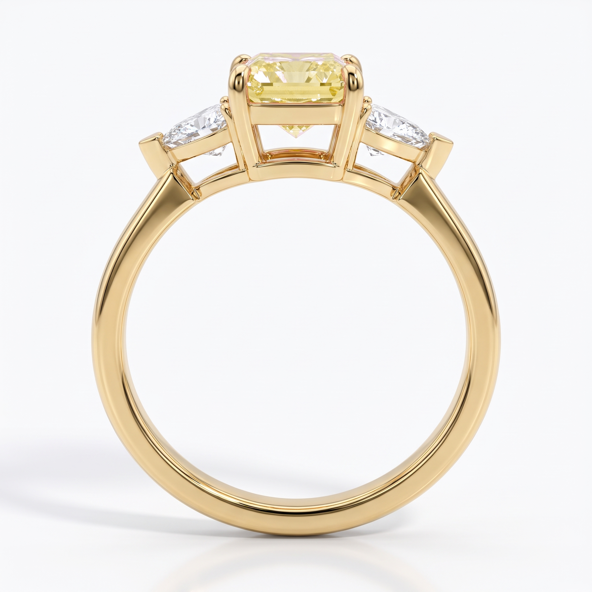 Fancy Vivid Yellow radiant lab-grown diamond three-stone ring with trillion side diamonds in 14K (585) yellow gold, front view 