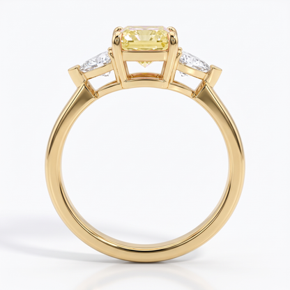 Fancy Vivid Yellow radiant lab-grown diamond three-stone ring with trillion side diamonds in 14K (585) yellow gold, front view 