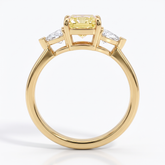 Fancy Vivid Yellow radiant lab-grown diamond three-stone ring with trillion side diamonds in 18K (750) yellow gold, front view 