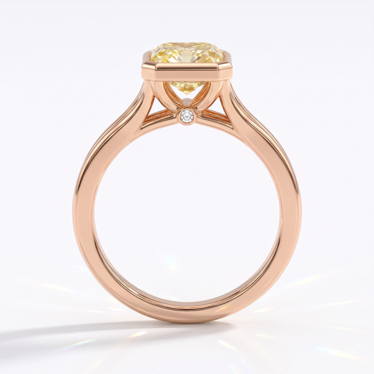 Fancy Vivid Yellow radiant lab-grown diamond bezel ring in 14K (585) rose gold, front view 