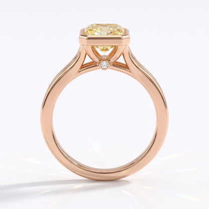 Fancy Vivid Yellow radiant lab-grown diamond bezel ring in 14K (585) rose gold, front view 