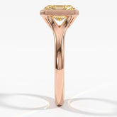 Fancy Vivid Yellow radiant lab-grown diamond bezel ring in 18K (750) rose gold, side profile 