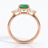 Fancy Vivid Green radiant lab-grown diamond three-stone ring with trillion side diamonds in 18K (750) rose gold, front view 