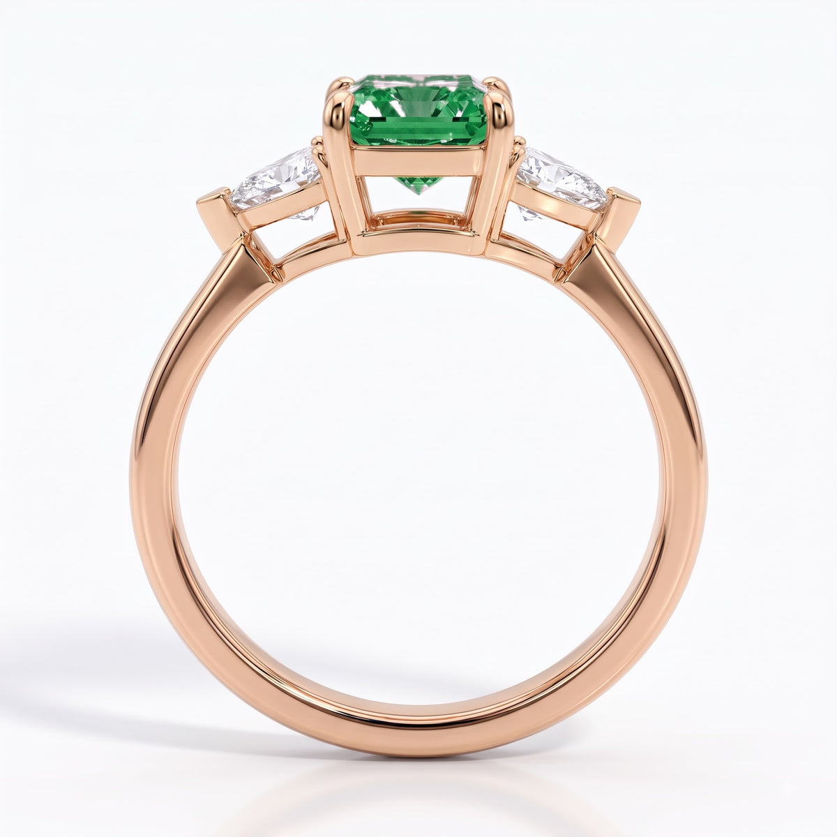 Fancy Vivid Green radiant lab-grown diamond three-stone ring with trillion side diamonds in 18K (750) rose gold, front view 