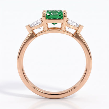 Fancy Vivid Green radiant lab-grown diamond three-stone ring with trillion side diamonds in 18K (750) rose gold, front view 