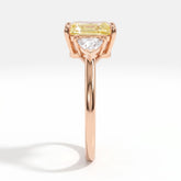 Fancy Vivid Yellow radiant lab-grown diamond three-stone ring with trillion side diamonds in 14K (585) rose gold, side profile 