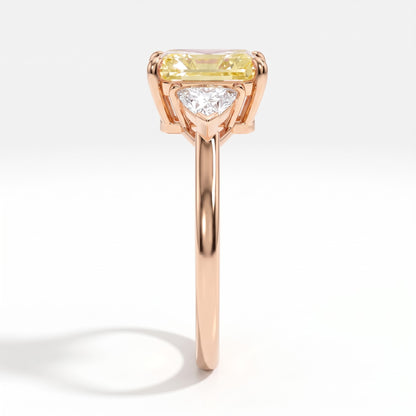 Fancy Vivid Yellow radiant lab-grown diamond three-stone ring with trillion side diamonds in 14K (585) rose gold, side profile 