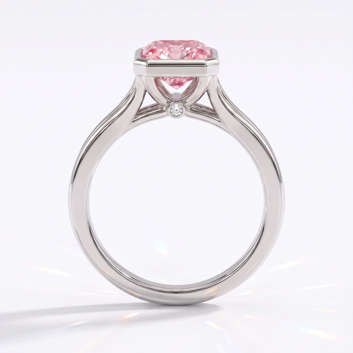 Fancy Vivid Pink radiant lab-grown diamond bezel ring in 14K (585) white gold, front view 