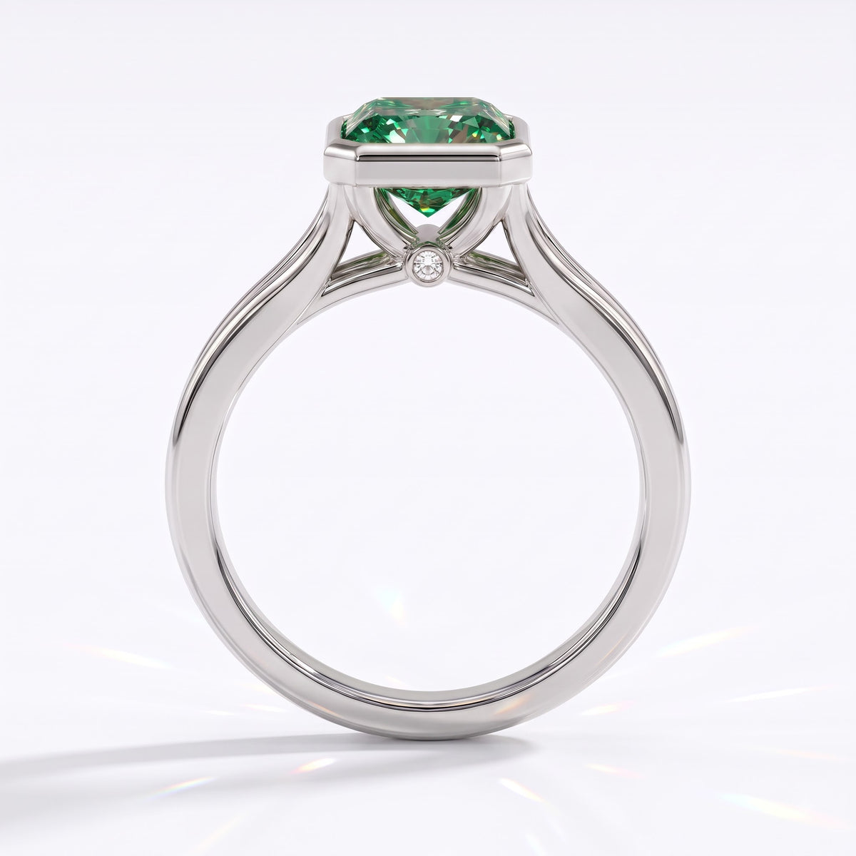 Fancy Vivid Green radiant lab-grown diamond bezel ring in 14K (585) white gold, front view 
